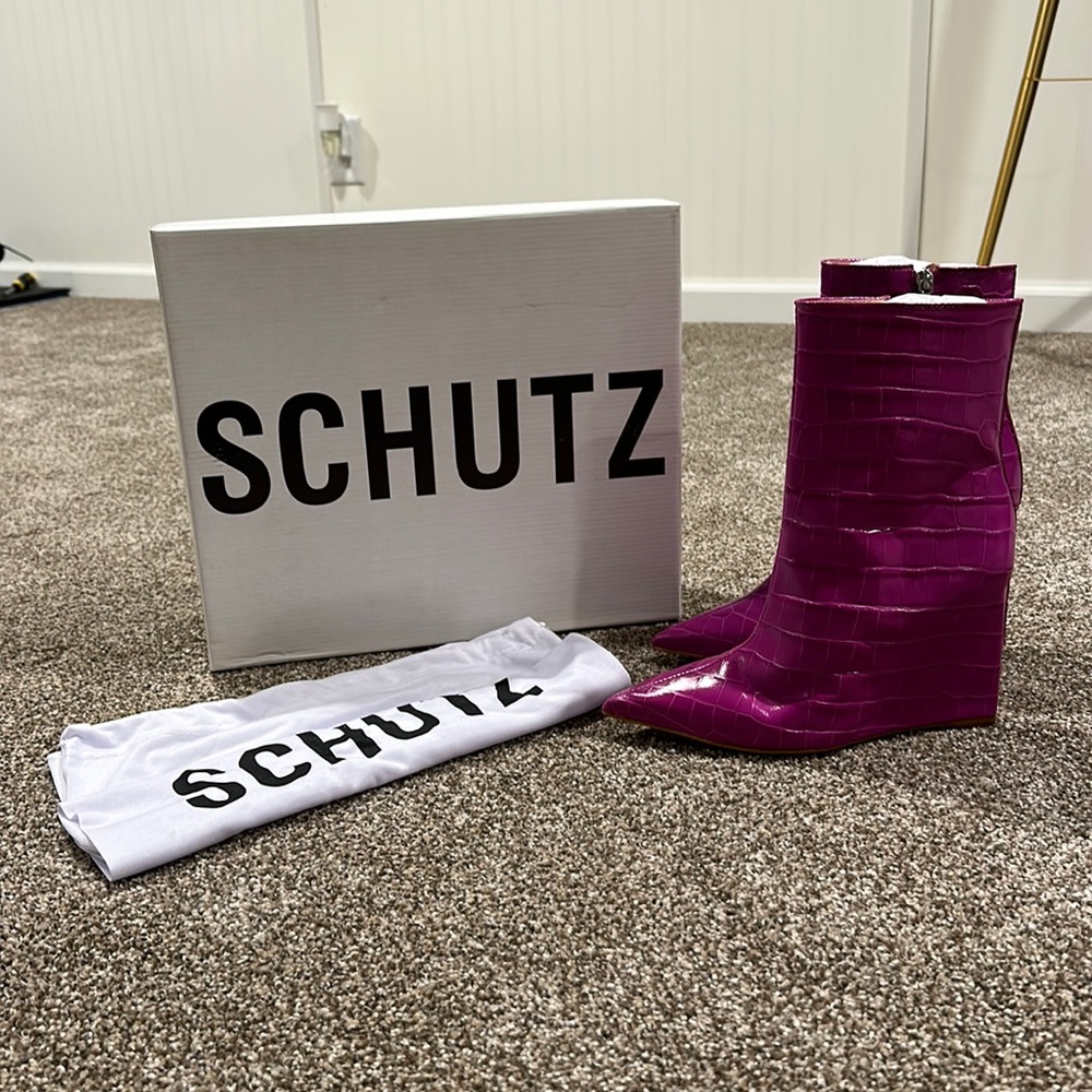 Schutz Anya Pink Croc Leather Bootie